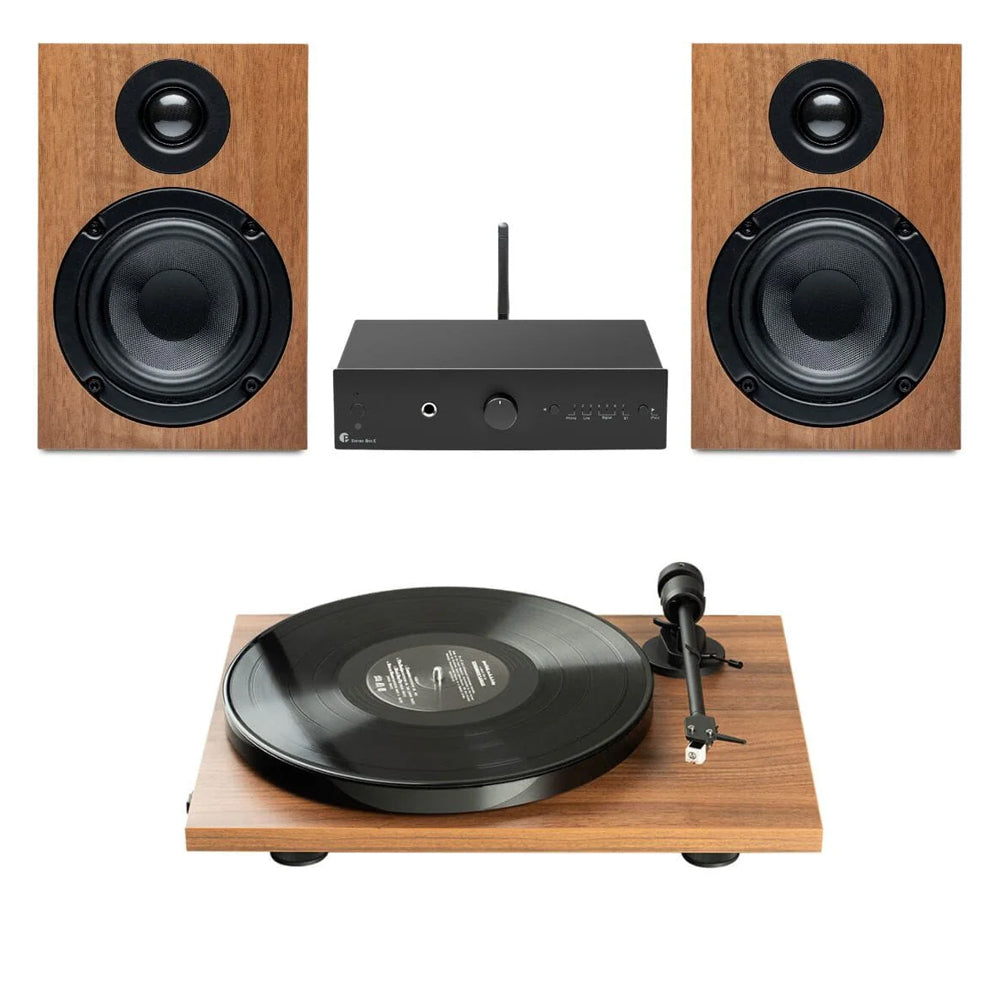 Pro-Ject Stereo Set E1 All-In-One Hi-Fi Set including E1 Turntable with Stereo Box E Integrated Amp and Speaker Box 5E Speakers - Walnut